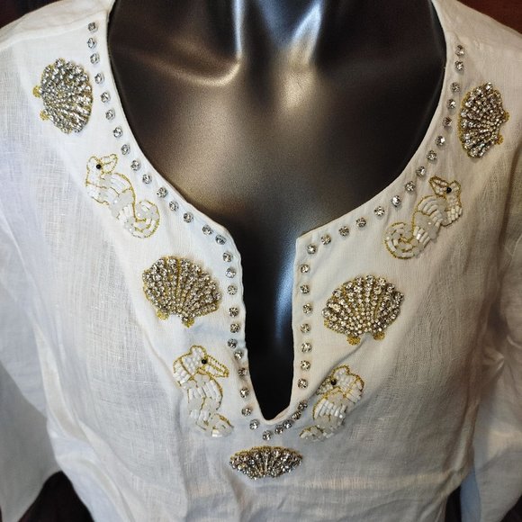 TALBOTS Womens 1X White Gold Embroidered Shells Linen Notch Neck Tunic Top - Picture 3 of 4